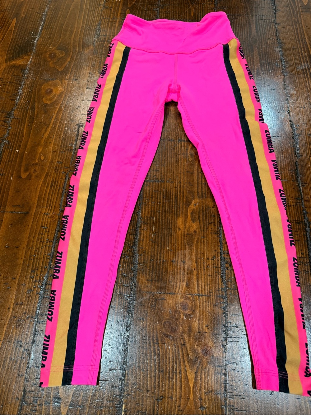 Zumba Fitness Neon Pink Leggings with Black and Gold Side Stripes